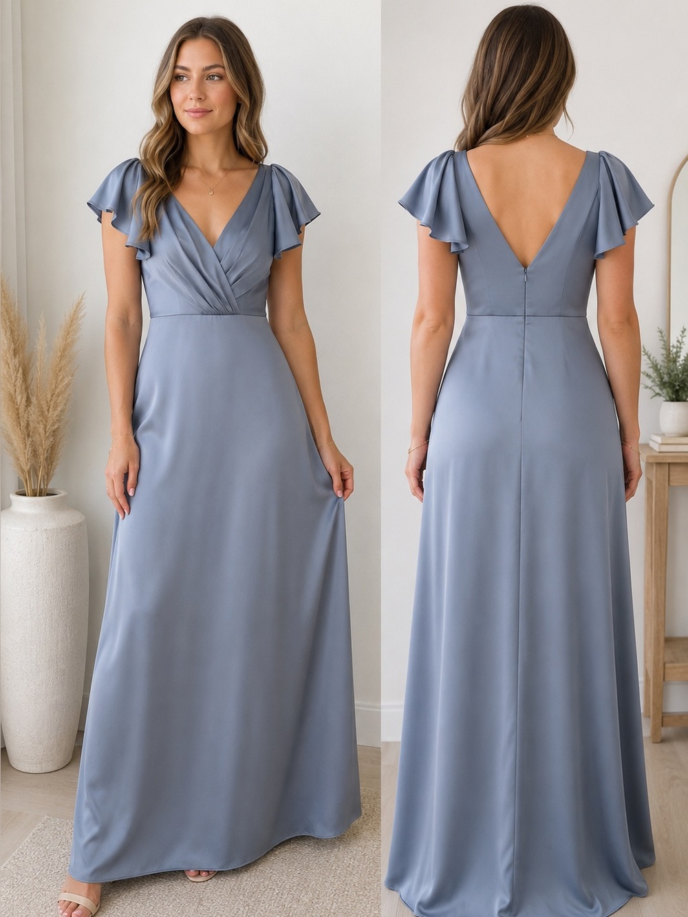 NWT Azazie Slate Blue Flutter-Sleeve Floor-Length Gown